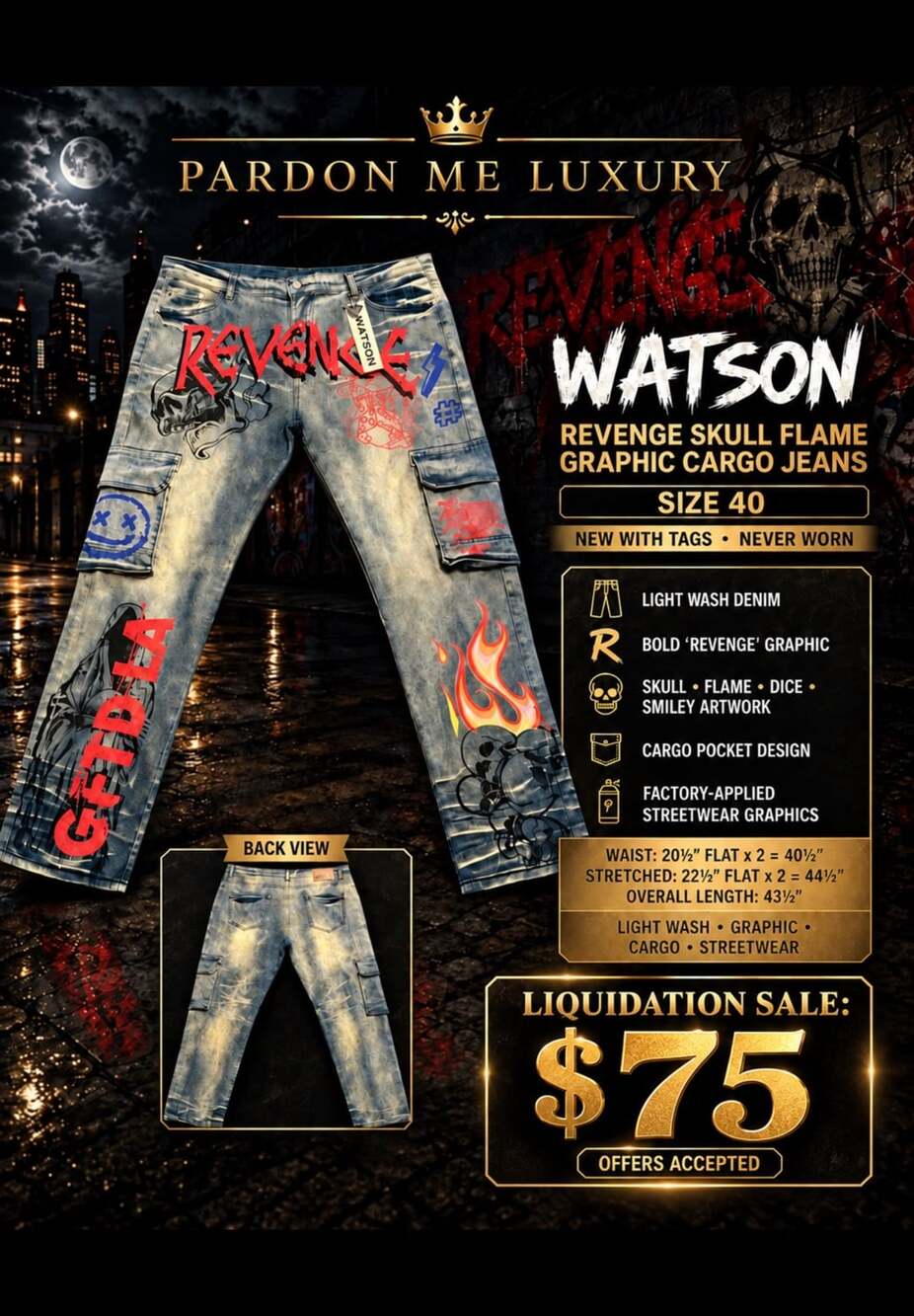 Watson Revenge Skull Flame Graphic Cargo Jeans Light Wash NWT